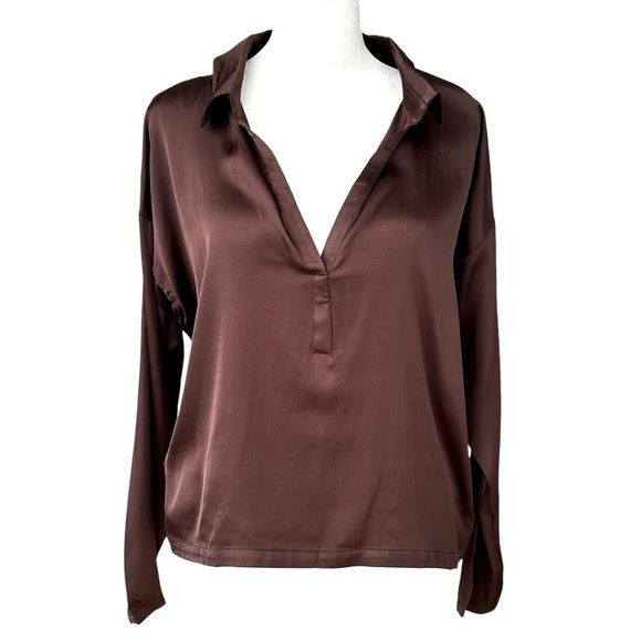 NEW CHASER Satin Popover Blouse Chocolate Brown Pointed Collar Lowcut Size Small - Picture 1 of 4